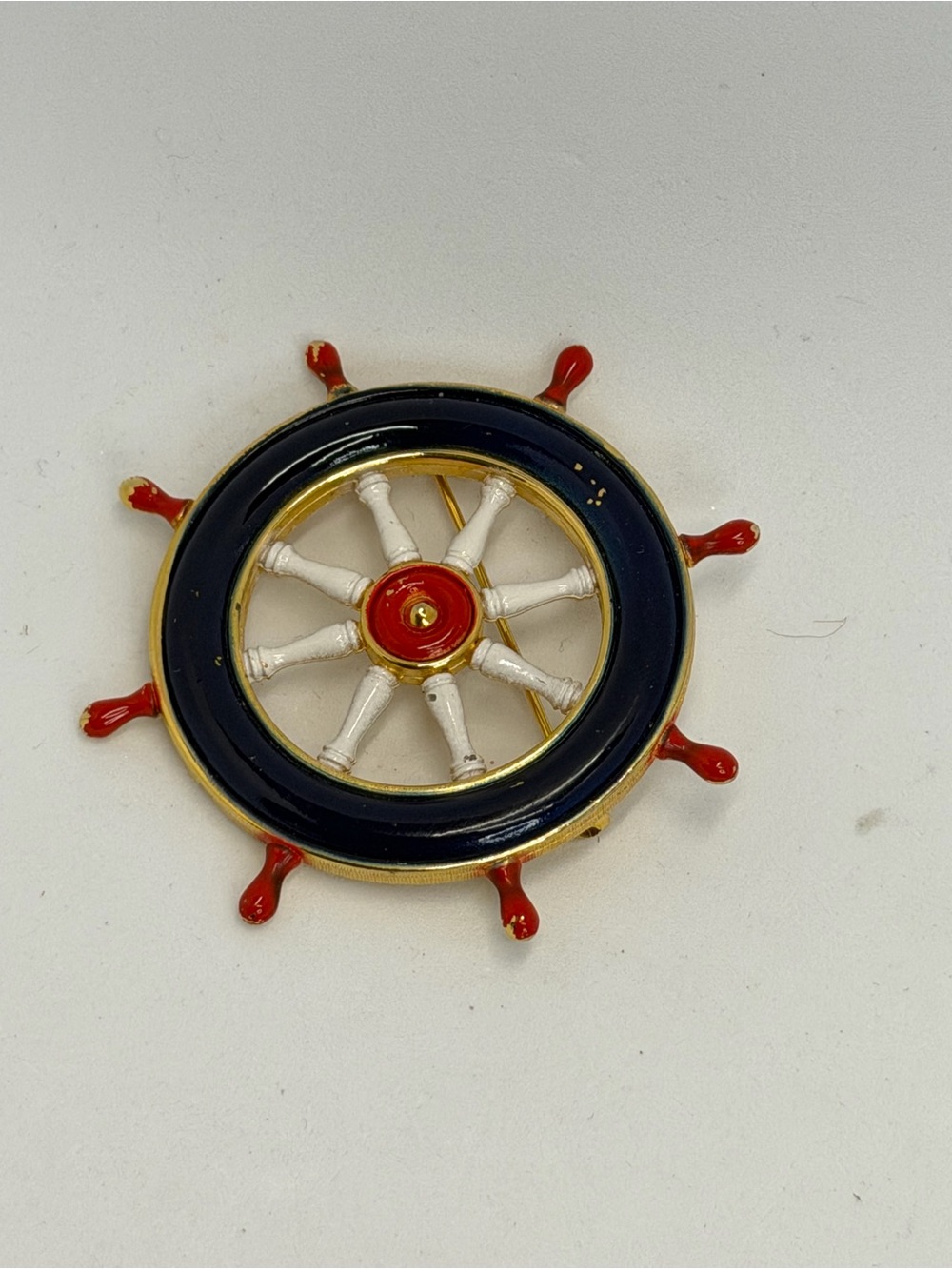 Vintage Nautical Ship Wheel Enamel Brooch - Red, White & Navy